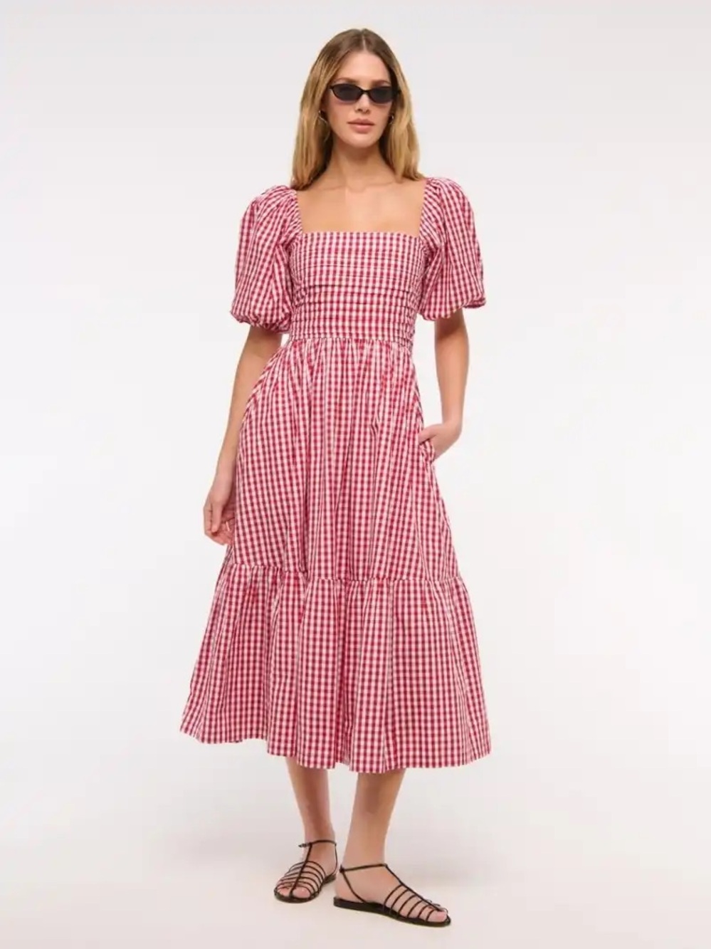Abercrombie & Fitch Red Gingham Puff-Sleeve Midi Dress